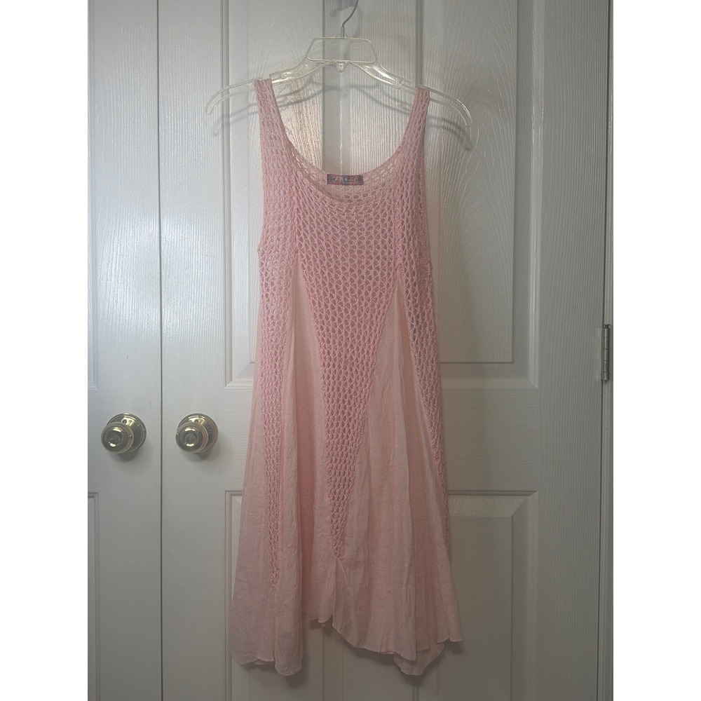 Selfie Couture Pink Crochet Ramie Cotton Boho Mini Cover up Dress T10040 Small